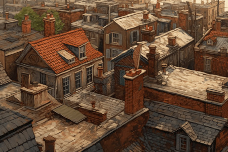 城市屋顶油画图片