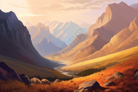 山地风景油画风格的雄伟的山地景观插画
