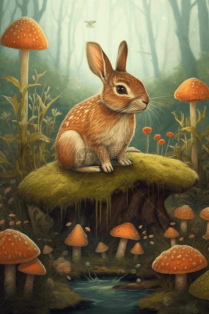 兔子旁的各类蘑菇图片