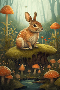 兔子旁的各类蘑菇高清图片