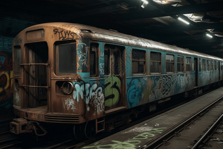 带有涂鸦和复古火车的废弃地铁站设计图片