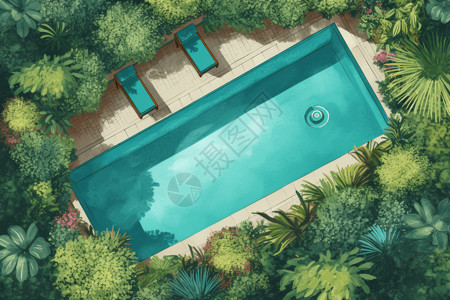 景观池鸟瞰逼真的游泳池插画