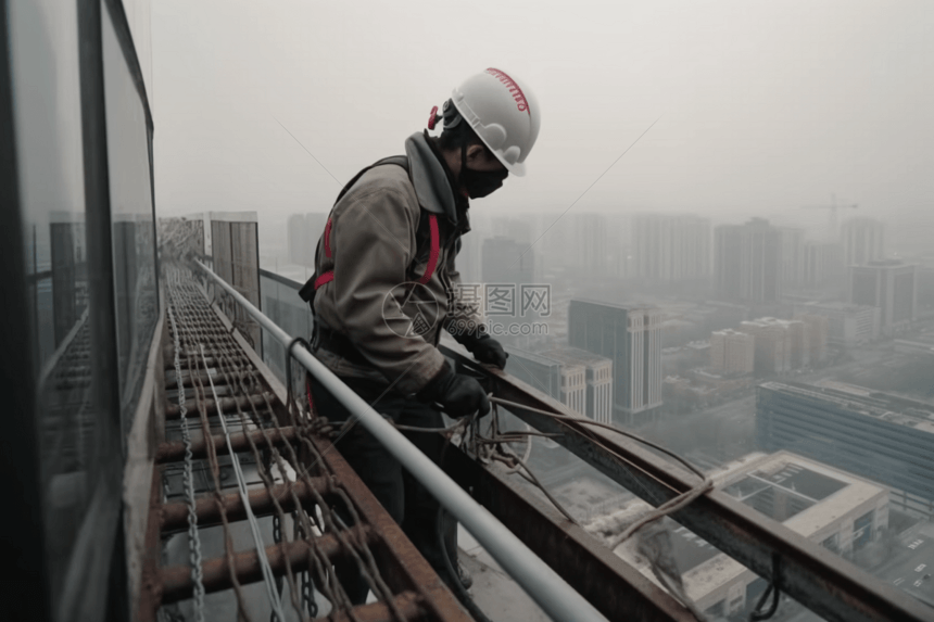 高层建筑上的一名工人图片