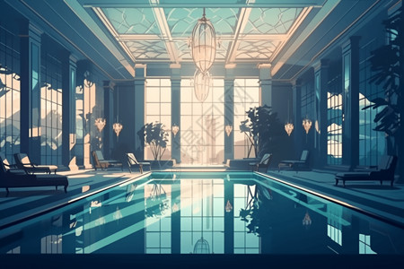 带有现代建筑的豪华室内游泳池图片