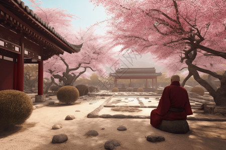 禅意寺庙一位僧侣在寺庙中冥想插画