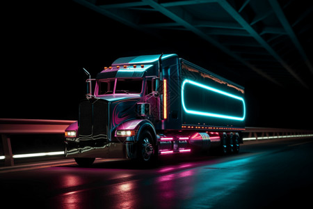 运输司机霓虹灯的大卡车在路上行驶设计图片