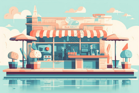 咖啡馆橱窗池畔冰淇淋摊插画
