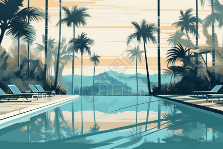 被棕榈树和蓝天包围的游泳池背景图片