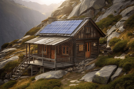 带有太阳能电池板系统的山间小屋背景图片