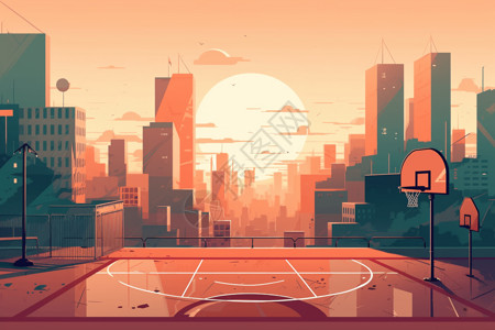 城市篮球场可见的城市天际线的篮球场插画
