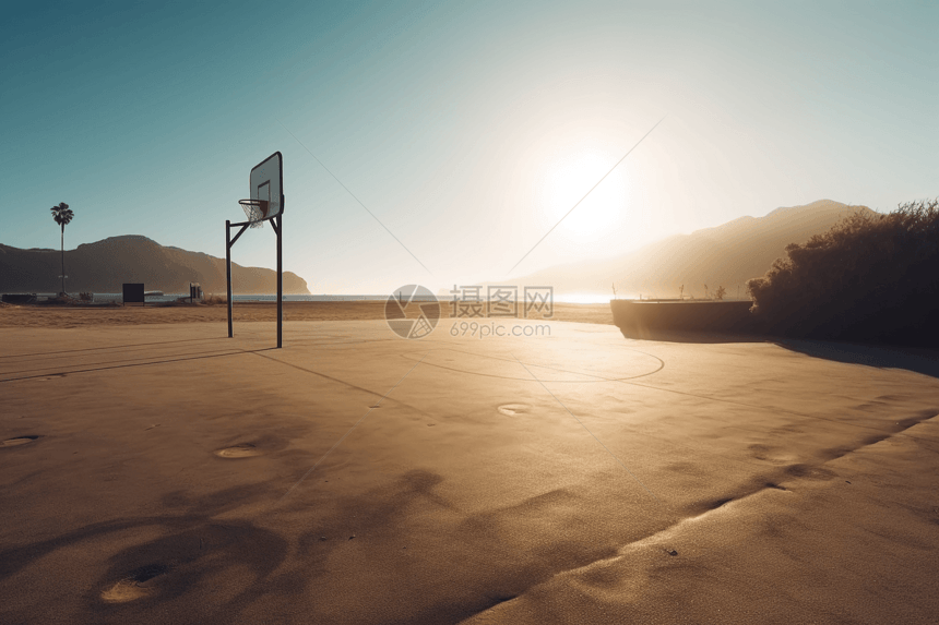 夕阳西下沙滩上的篮球架图片