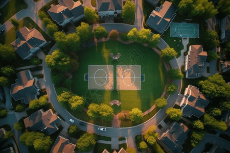 室外圆形篮球场的空中实景图片