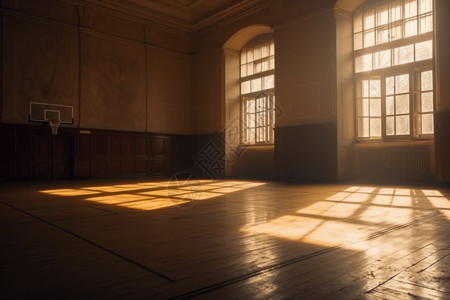 一个空荡荡的室内篮球场，光线透过窗户照进来图片