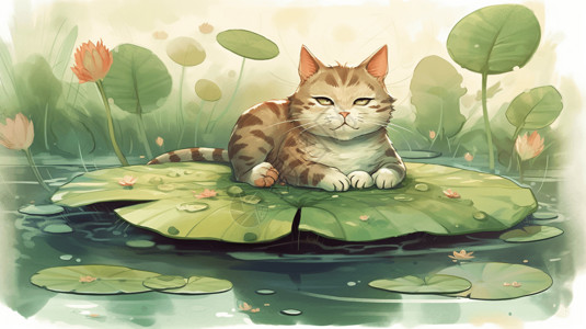 虎斑地鸫一只可爱的猫在荷叶上懒洋洋地休息插画