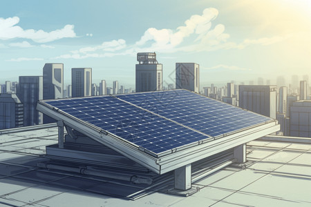 城市屋顶上的放着一块小太阳能电池板的插图图片