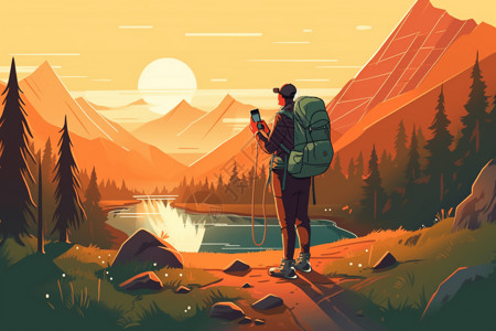 蹲下拍摄男人徒步旅行的男人正在用手机拍摄风景插画