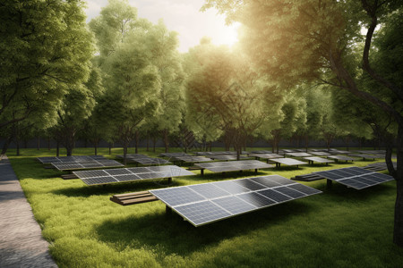 公园里排放整齐的太阳能电池板背景图片