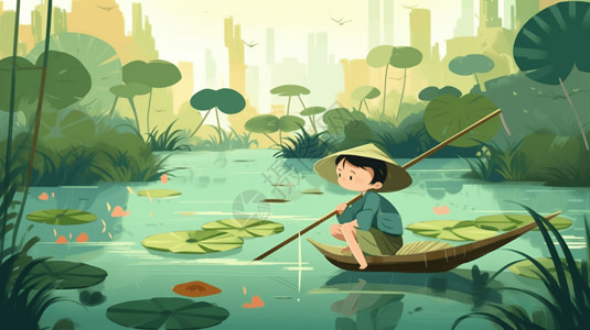 夏季钓鱼池塘一个小男孩在荷花池塘里钓鱼插画