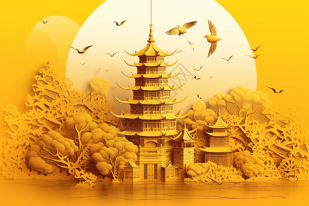 古代塔中国的黄色建筑插画