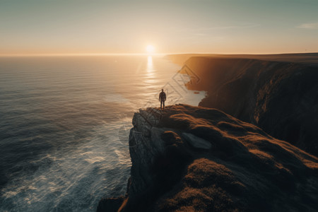 站在悬崖顶上俯瞰大海和日出的人高清图片