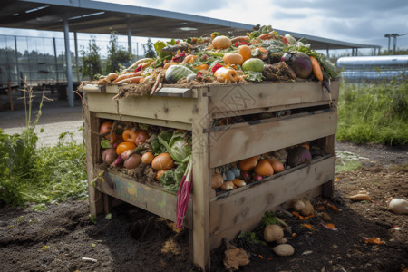 养料装满废弃蔬菜和水果的木箱背景