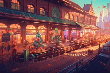 用圣诞树装扮的火车站高清图片