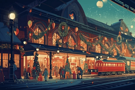 圣诞七气息圣诞气息满满的火车站插画
