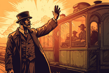 铁路火车道一位外国老头在向蒸汽火车上的乘客招手插画