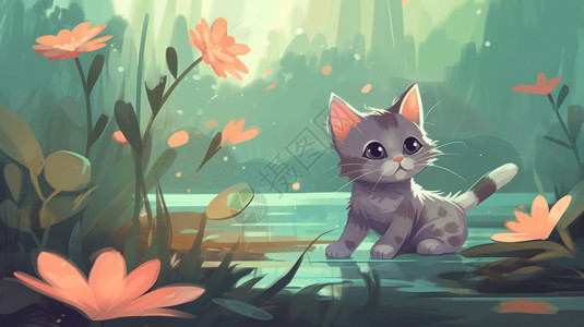 趴在池塘里想去捕捉蝴蝶的灰色的小猫背景图片