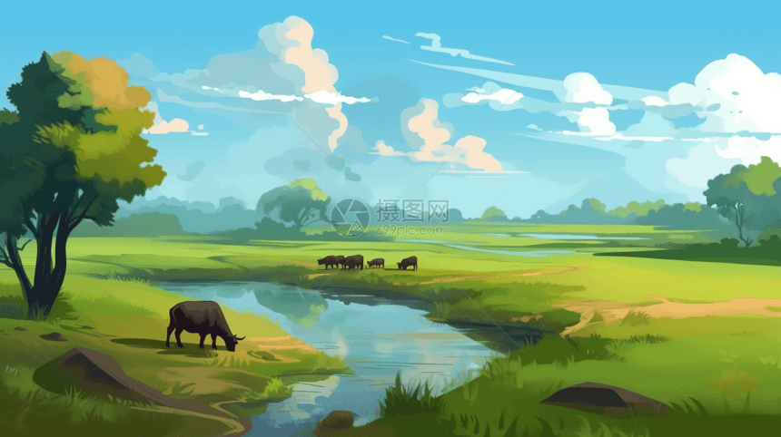 草原上的水牛插画图片