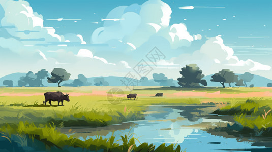 河边水牛放牧水牛的插画插画