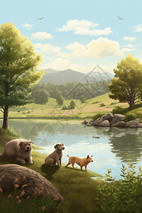 池塘边的动物背景图片