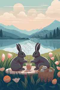 野餐的兔子背景图片
