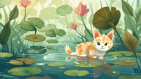 小猫抓鱼一只好奇的小猫正在池塘里抓鱼插画