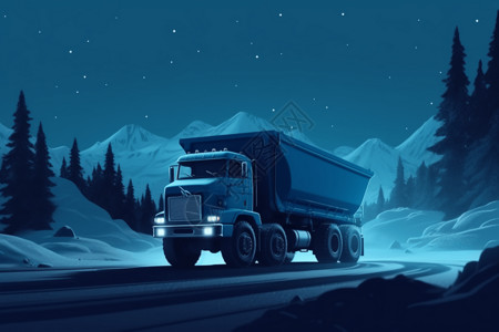 冬天，一辆自卸卡车在雪地里行驶图片
