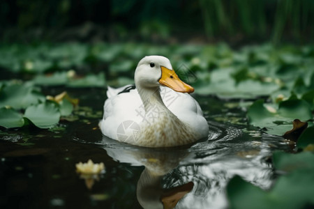 白荷叶荷花边浮在水上的白鸭背景