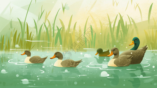 鸭子稻田池塘中的有一群鸭子插画