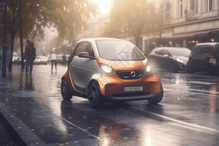 橙色小汽车未来派电动城市汽车渲染图设计图片