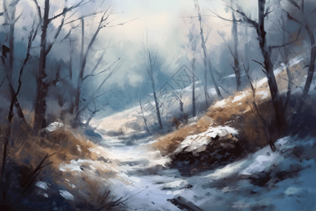 冬季森林的风景画图片