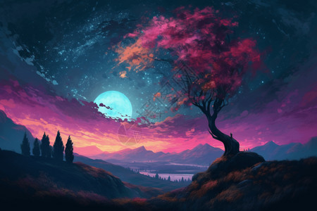 朦胧夜色朦胧月色下的一颗紫色的树插画