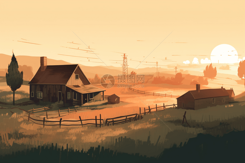 日落时的乡村农场图片