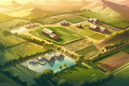 山区房子郊区农场的俯视图插画