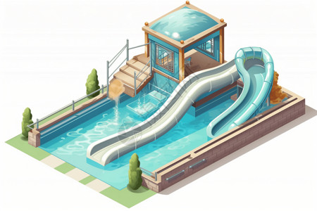 滑水带有滑梯的泳池插画