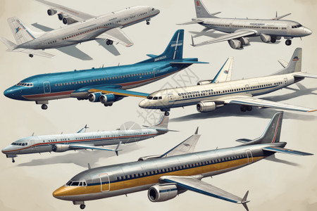 客机降落一系列描绘不同类型飞机的插图插画