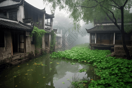 小河水白色的薄雾弥漫在空气中的江南建筑背景