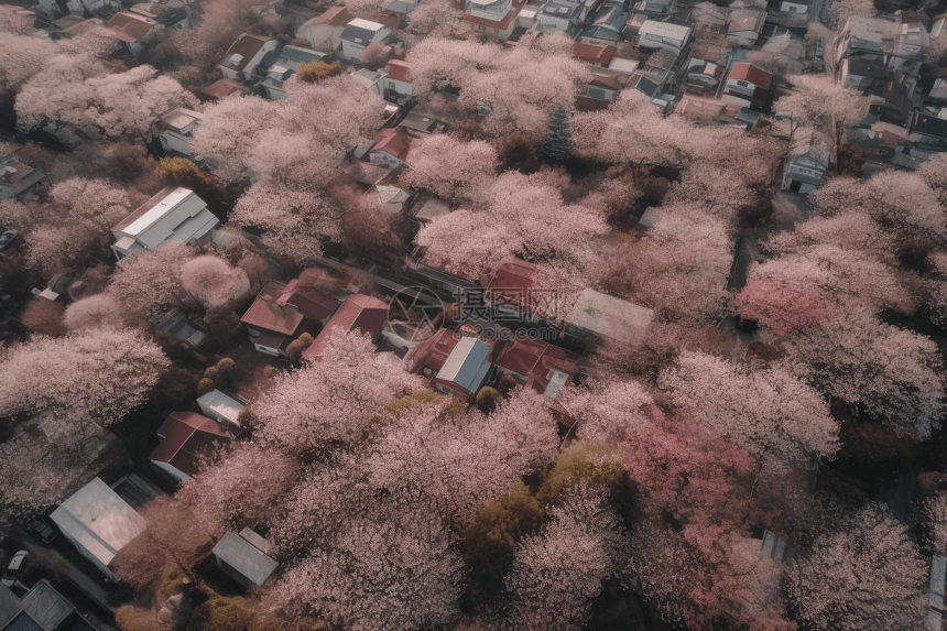 樱花盛开的城市鸟瞰图图片