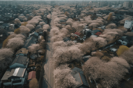 空中的城市樱花背景图片