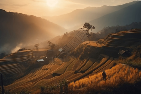 夕阳照耀下的农场风景图片