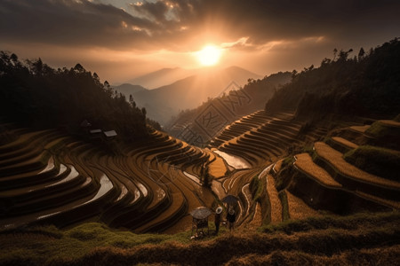 夕阳照耀在梯田上图片