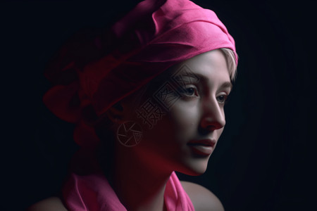 头戴粉红色头巾的女人站在黑暗的背景上图片